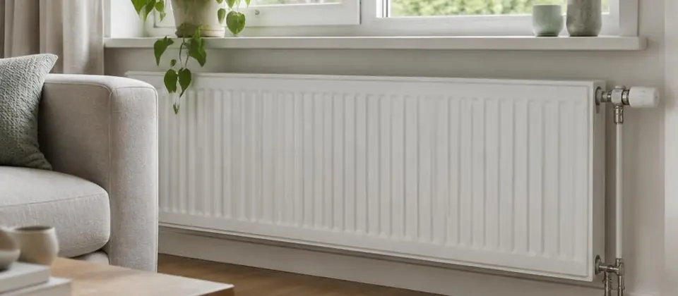Radiator onder een raam in een lichte woonkamer