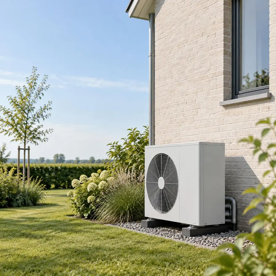 Licht bakstenen huis in ochtendlicht met een wit buitendeel van een warmtepomp tussen tuinplanten