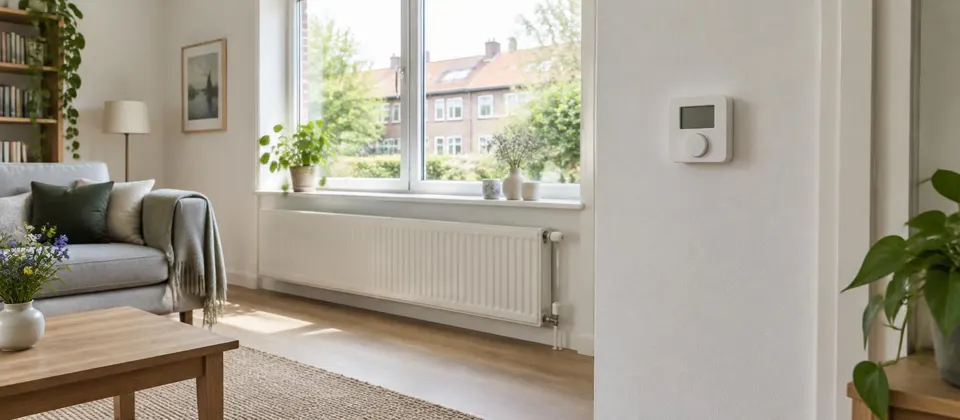Thermostaat aan de muur in een lichte woonkamer met radiator