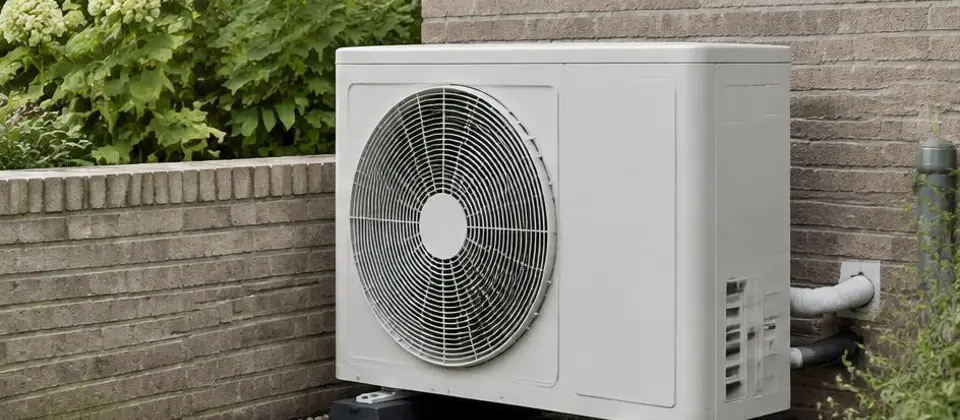 Witte warmtepomp naast een tuinmuur en groene planten