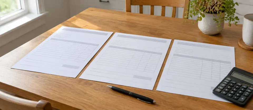 Drie lege offertes naast elkaar op een keukentafel