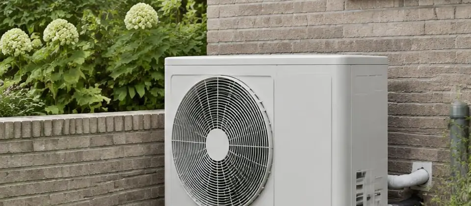 Witte warmtepomp naast een tuinmuur en groene planten