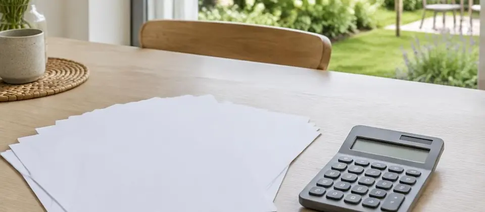 Papieren en rekenmachine op een tafel bij het raam