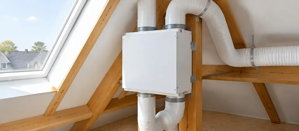 Witte ventilatiebox met luchtkanalen op een lichte zolder
