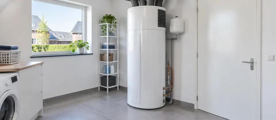 Witte warmtepompboiler in een lichte bijkeuken