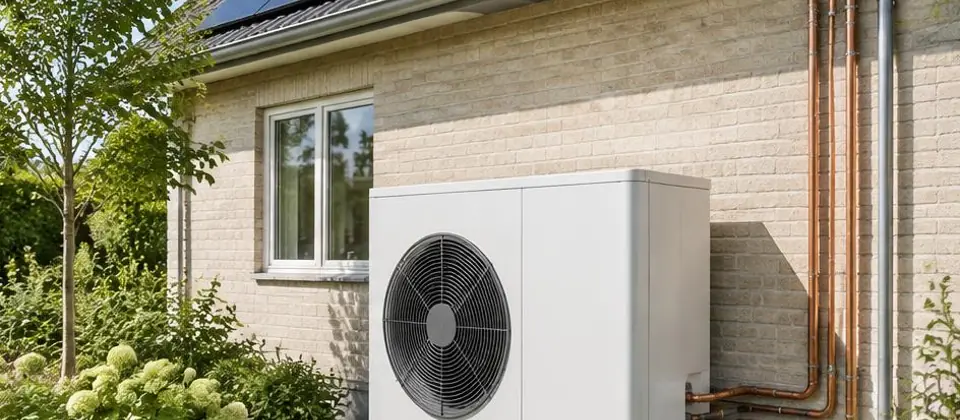 Witte buitenunit naast een woning met zonnepanelen
